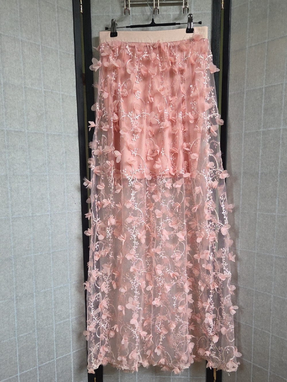 Cotton Candy Pink Floral Maxi Skirt - Elegant Sheer Overlay